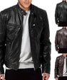 Men's Zip-up Cardigan PU Leather Jacket Fashion Pockets Stand Collar Short Tops Clothing