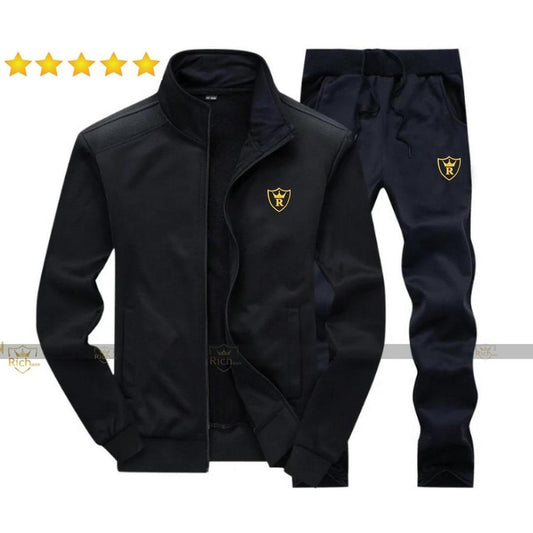 Premium Black Men's Tracksuit – Richman Logo Edition 2 Pcs - Black - Plain Collar Design