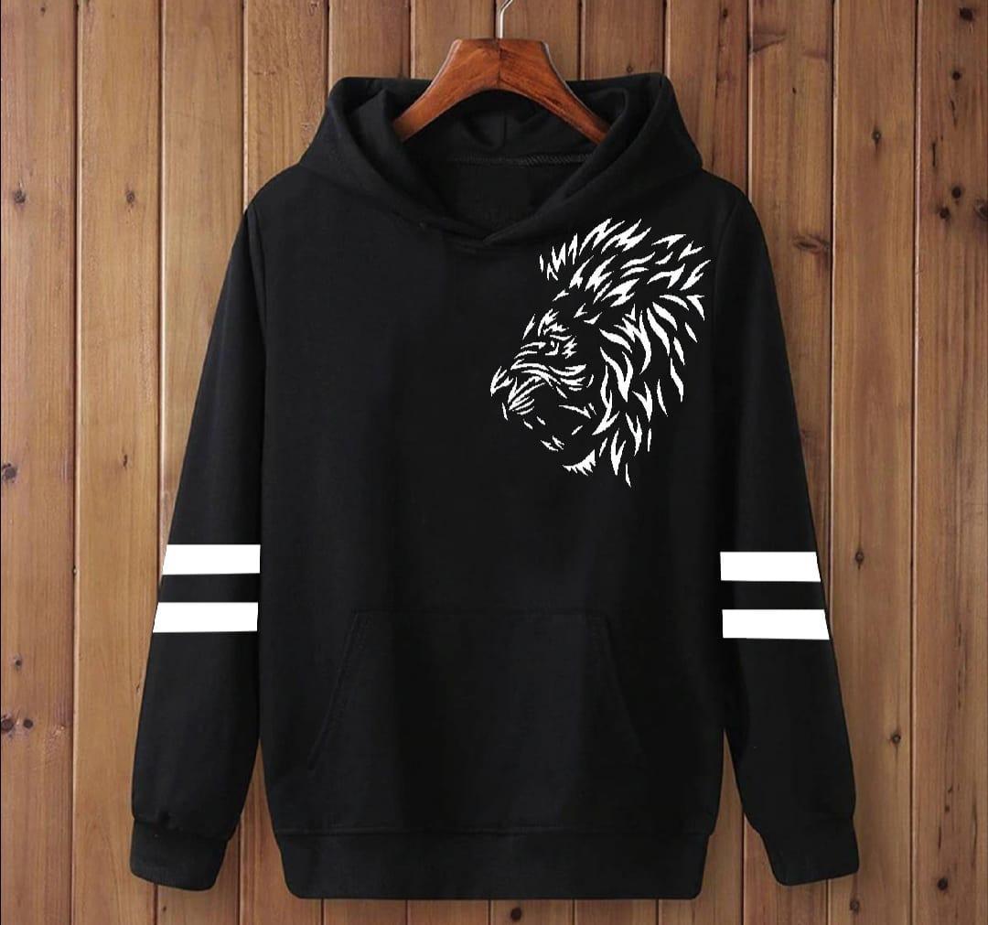 Men’s Black Hoodie with White Lion Print – Bold Streetwear Pullover