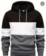 Men’s Color Block Fleece Hoodie – Black, White & Grey | Casual Pullover with Front Pocket