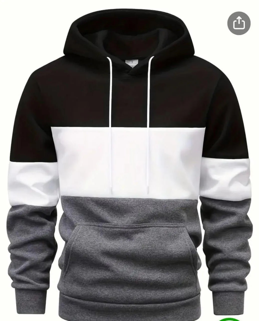 Men’s Color Block Fleece Hoodie – Black, White & Grey | Casual Pullover with Front Pocket