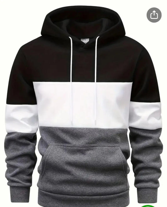 Men’s Color Block Fleece Hoodie – Black, White & Grey | Casual Pullover with Front Pocket