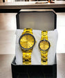 Premium Watch-Tone Couple Watch Set with Matching Quartz Dials and Metal Bracelet Design