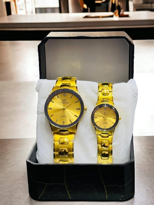 Premium Watch-Tone Couple Watch Set with Matching Quartz Dials and Metal Bracelet Design