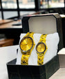 Premium Watch-Tone Couple Watch Set with Matching Quartz Dials and Metal Bracelet Design