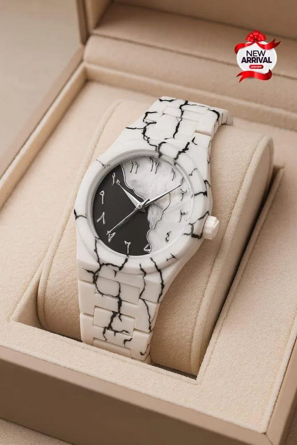 Men's Carbon Fiber Arabic Aura Watch – Black & White Marble Tiger Dial (Chronograph)
