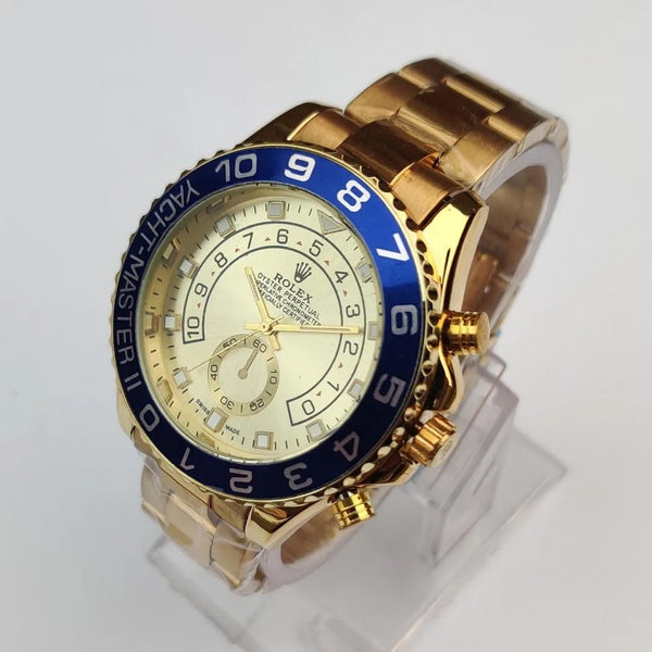 Luxury Gold Wristwatch with Blue Bezel – Premium Analog Design & Elegant Finish
