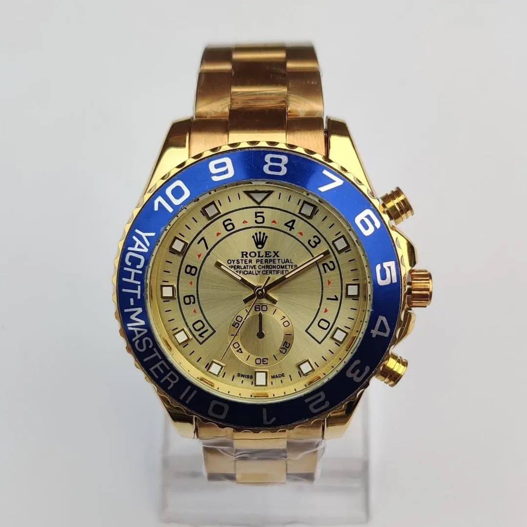 Luxury Gold Wristwatch with Blue Bezel – Premium Analog Design & Elegant Finish