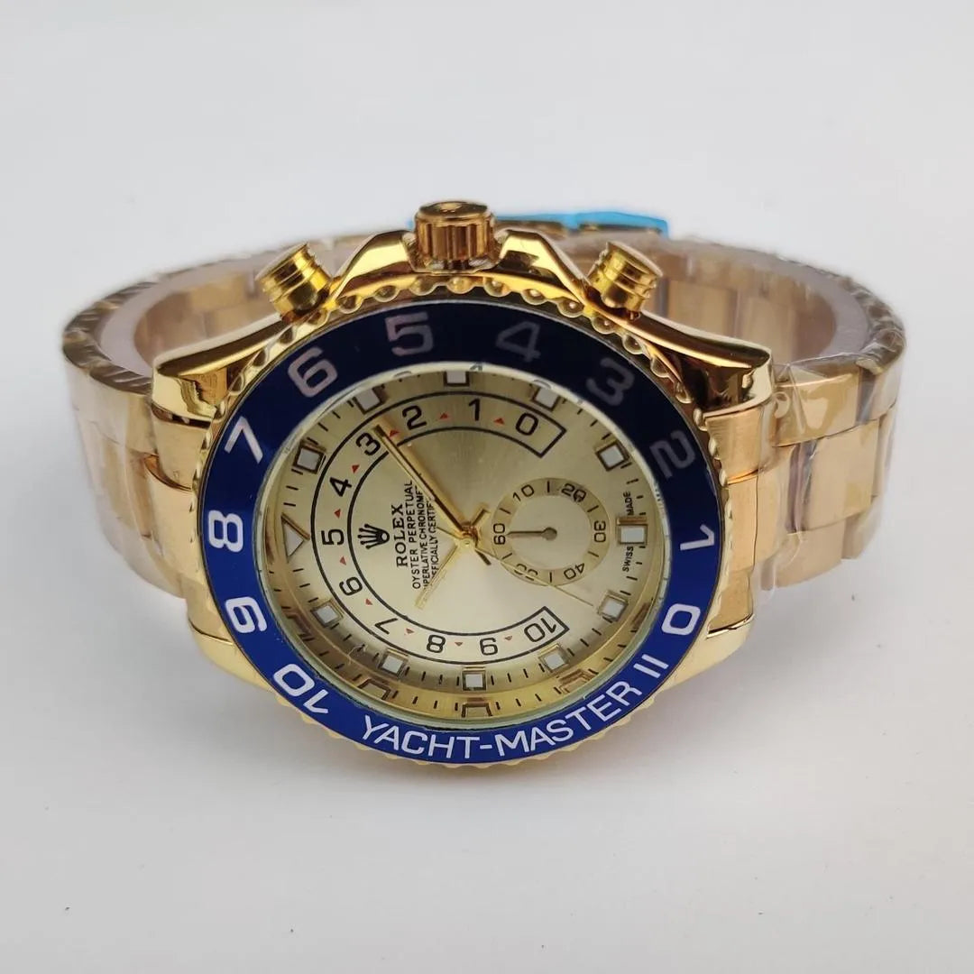 Luxury Gold Wristwatch with Blue Bezel – Premium Analog Design & Elegant Finish