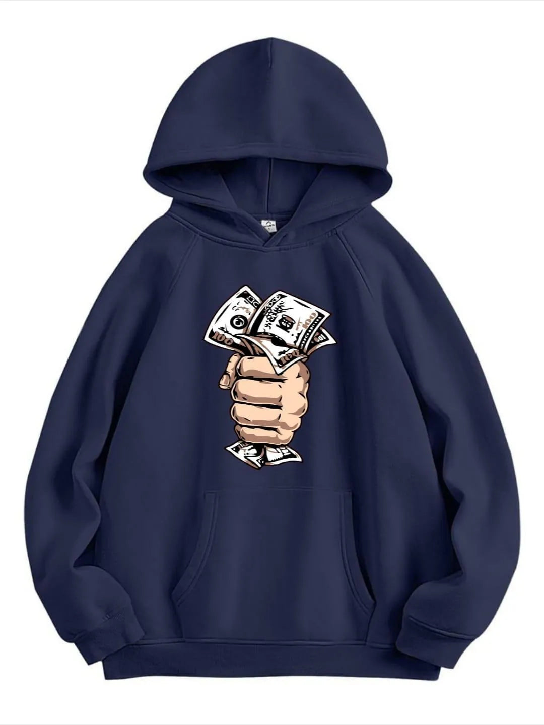 Men’s Navy Blue Hoodie with Money Fist Print – Streetwear Graphic Pullover