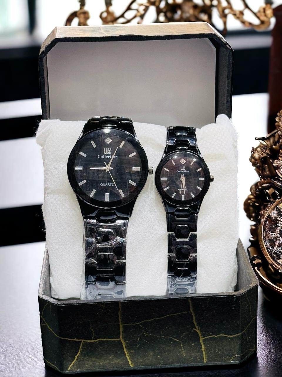 Premium Watch-Tone Couple Watch Set with Matching Quartz Dials and Metal Bracelet Design