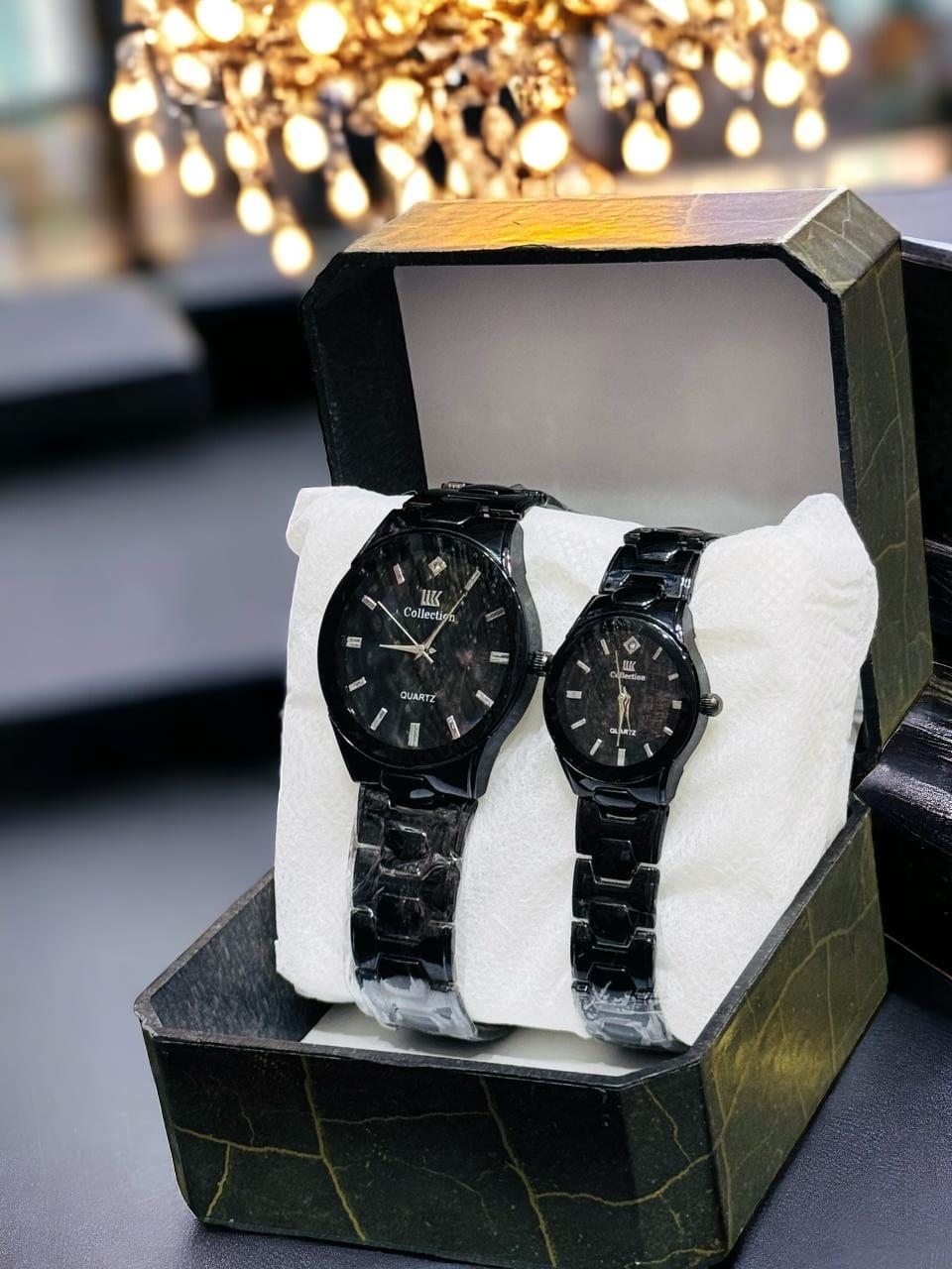Premium Watch-Tone Couple Watch Set with Matching Quartz Dials and Metal Bracelet Design