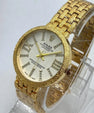 Elegant Gold-Tone Women’s Wristwatch – Crystal Roman Dial & Textured Bracelet Design