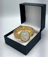 Elegant Gold-Tone Women’s Wristwatch – Crystal Roman Dial & Textured Bracelet Design