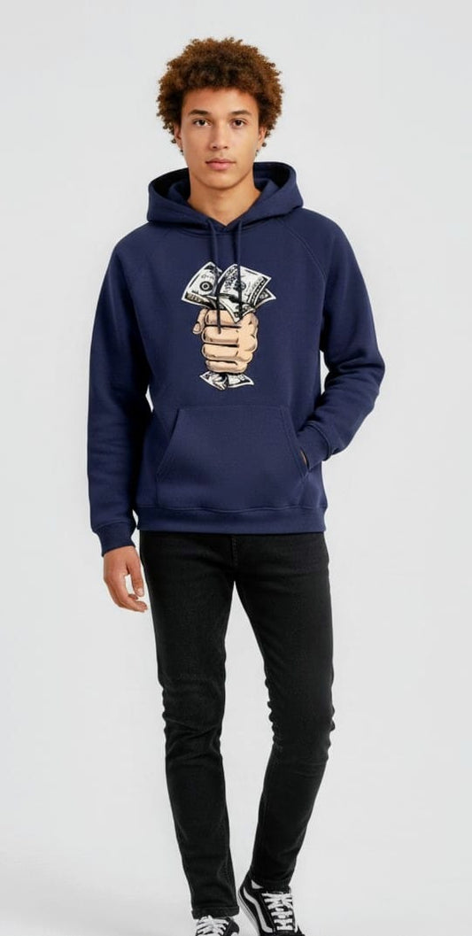 Men’s Navy Blue Hoodie with Money Fist Print – Streetwear Graphic Pullover