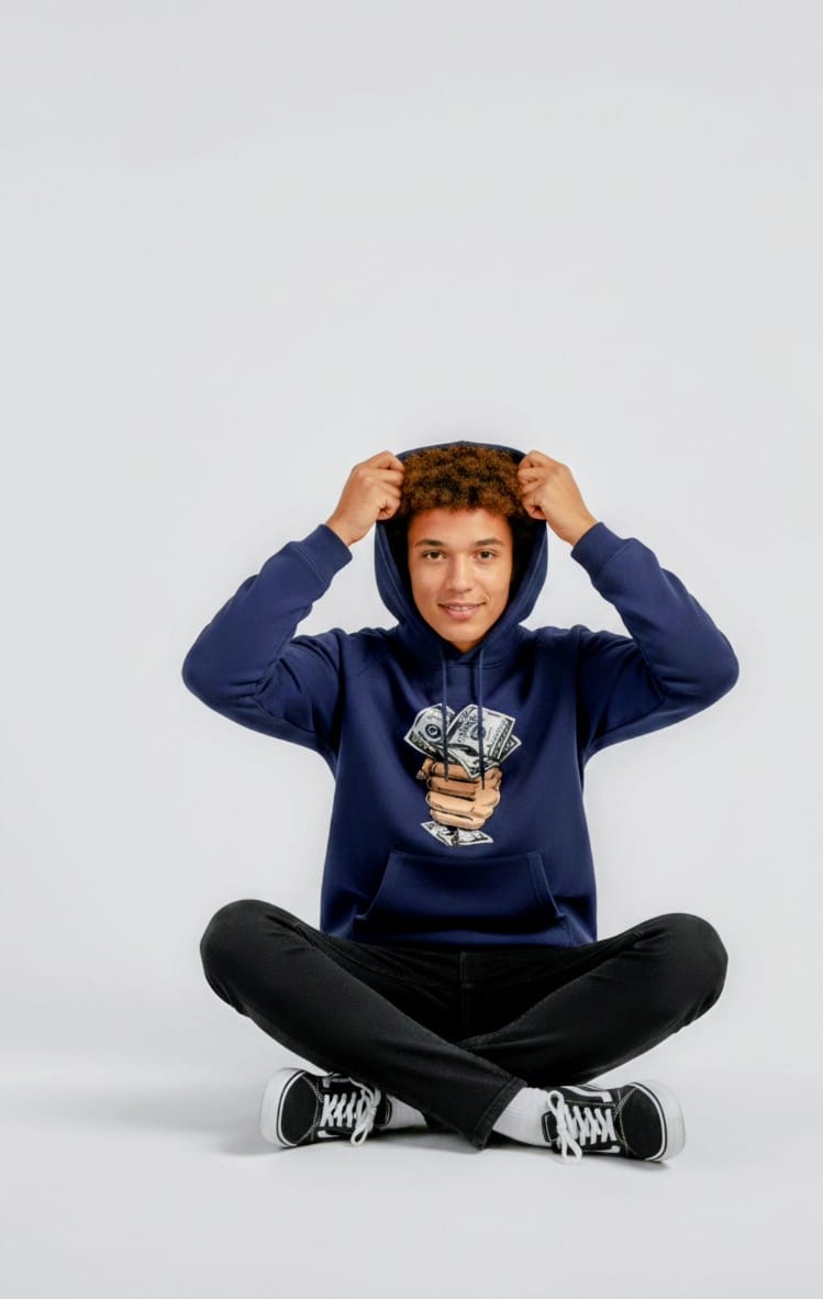 Men’s Navy Blue Hoodie with Money Fist Print – Streetwear Graphic Pullover