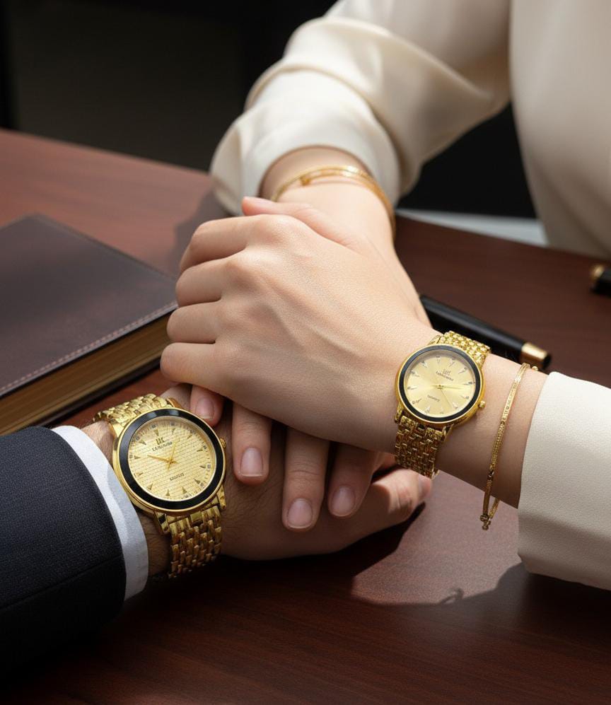 HK Collection Gold Couple Wrist Watches – Elegant Matching Quartz Set