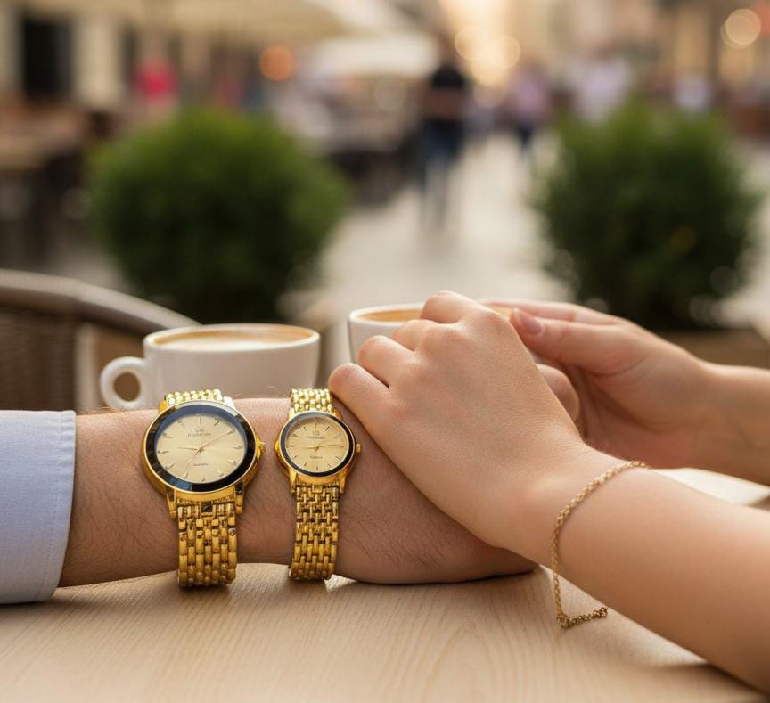 HK Collection Gold Couple Wrist Watches – Elegant Matching Quartz Set