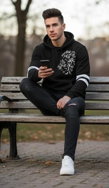 Men’s Black Hoodie with White Lion Print – Bold Streetwear Pullover