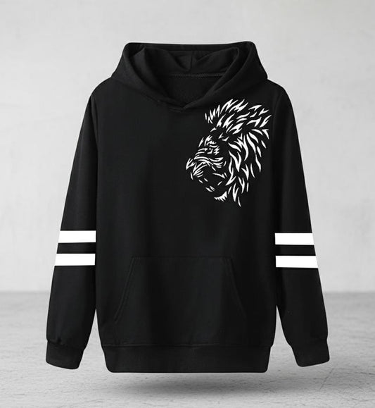 Men’s Black Hoodie with White Lion Print – Bold Streetwear Pullover
