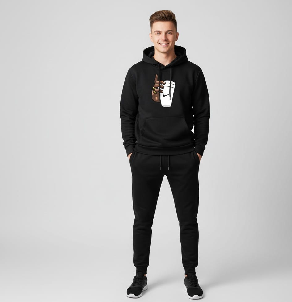 Men’s Black Graphic Hoodie & Jogger Set – Streetwear Tracksuit with Cup Print