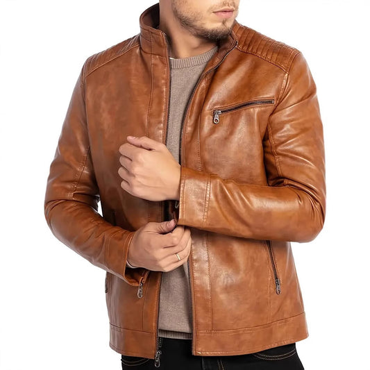 Men's Polyester Stand Collar Punk Motorcycle Leather Jacket